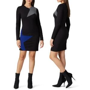 Nicole Miller Ponte Star Long Sleeve Crew Neck Mini Sheath Dress Black Women's L